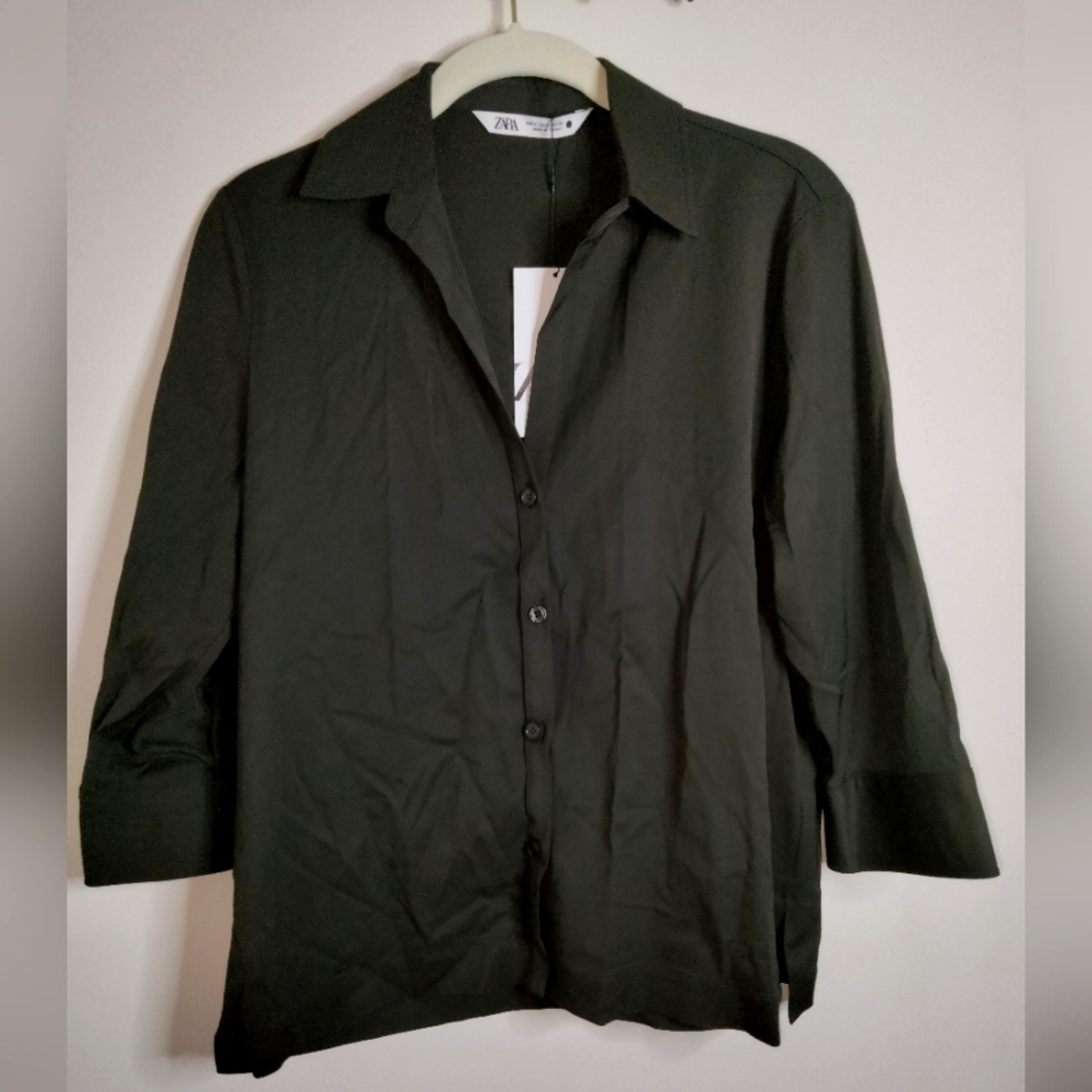 Zara (Size M) Dark Brown Stretch Boxy Button Down Front Shirt (NEW-NWT)